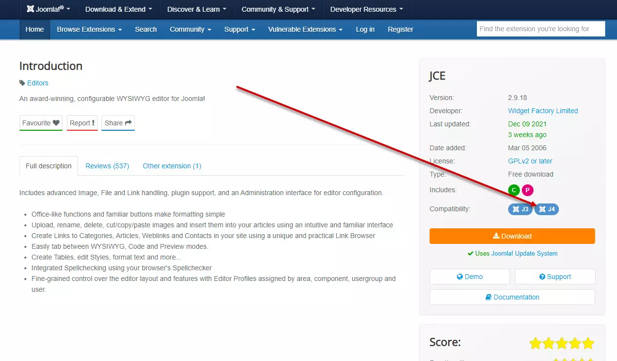 Der Screenshot zeigt das Extension-Directory von Joomla und den Hinweis auf Joomla 4