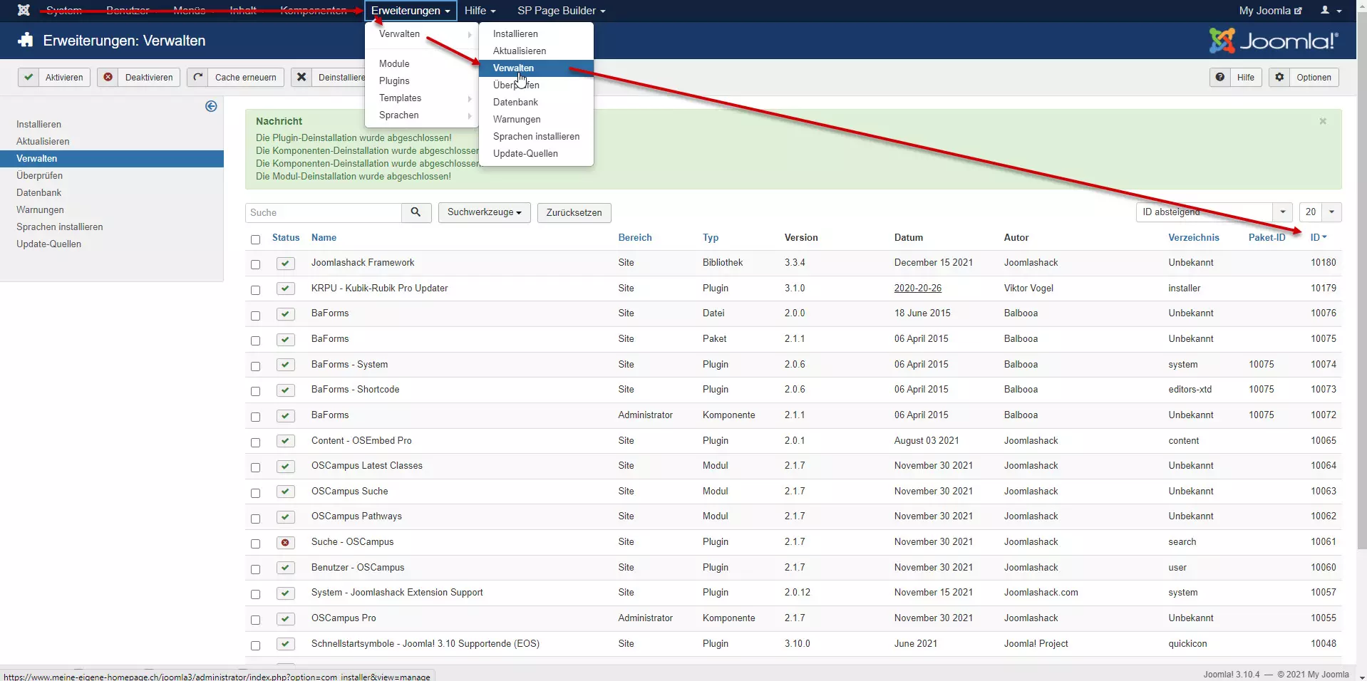 Der Screenshot zeigt den Weg zur Verwaltung der Erweiterungen von Joomla 3